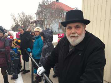 Plympton-Wyoming Mayor Lonny Napper awaits the arrival of Ollie. February 2, 2018. (Photo by Colin Gowdy, Blackburn News)