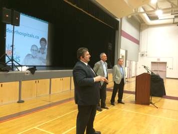 David Musyj (L), Gary Switzer (C) and Dave Cooke (R) host an information meeting on a new mega-hospital for WIndsor-Essex at Migration Hall in Kingsville on February 10, 2015. (Photo by Ricardo Veneza)