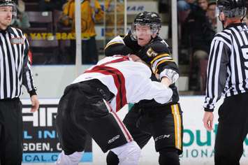 Jakob Chychrun fights Brock Philips after a head check on Anthony Salinitri (Photo courtesy of Metcalfe Photography)