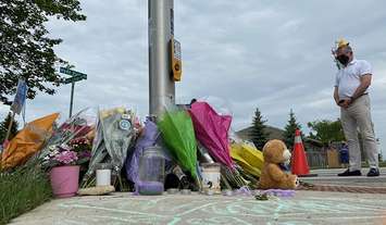 A memorial continues to grow at the corner of Hyde Park and South Carriage roads in honour of a Muslim family who was run down Sunday night, June 8, 2021. Photo by Blair  Henatyzen.