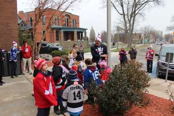 Flag raising ceremony for Rogers Hometown Hockey at the Chatham-Kent Civic Centre on December 12, 2018. Photo by Allanah Wills)