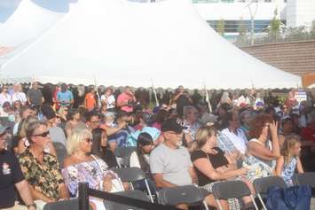 Part of the crowd gathered in Riverfront Festival Plaza for the opening ceremonies of the 2022 CanAm Police Fire Games, July 26, 2022. Photo by Mark Brown/WindsorNewsToday.ca.