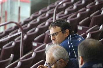 Windsor Spitfires head coach Rocky Thompson watches on as the first day of the team's training camp is held at the WFCU Centre on August 29, 2016. (Photo by Ricardo Veneza)