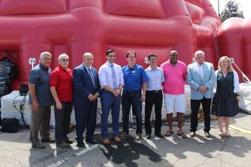 At the Windsor opening of the SesquiDome on July 7, 2017 - from left, Peter Hrastovec, Essex Mayor Ron McDermott, Windsor city councillor Ed Sleiman, London North Centre MP Peter Fragiskatos, Windsor city councillors Paul Borrelli and John Elliott, MPP Percy Hatfield of Windsor-Tecumseh and Andrea Stewart, executive director of SESQUI. Photo by Mark Brown/Blackburn News.