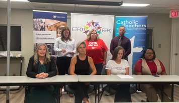 Local teachers' unions hold news conference for World Teachers Day, October 3, 2025. (photo by Maureen Revait) 