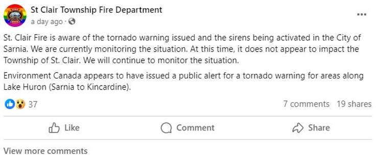 St. Clair Township Fire Department Facebook Page screenshot. 
