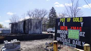 The aftermath of a fire near Pot of Gold pot shop on St. Clair Parkway in Sarnia. 27 April 2020. (BlackburnNews.com photo by Colin Gowdy)