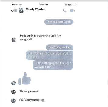 A text exchange between Randy Warden and Amir Farahi relating to an attack website against Maureen Cassidy. Document supplied by Susan Toth.