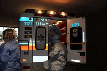 EMS and WRH staff conduct drill of a mock Ebola patient scenario. (Photo by Maureen Revait)