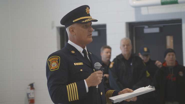 Sarnia Fire Chief Bryan Van Gaver delivers brief speech. January 30, 2024. (Photo by Natalia Vega) 