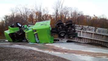 Tractor Trailer rollover October 26, 2015. Photo courtesy of OPP via Twitter.
