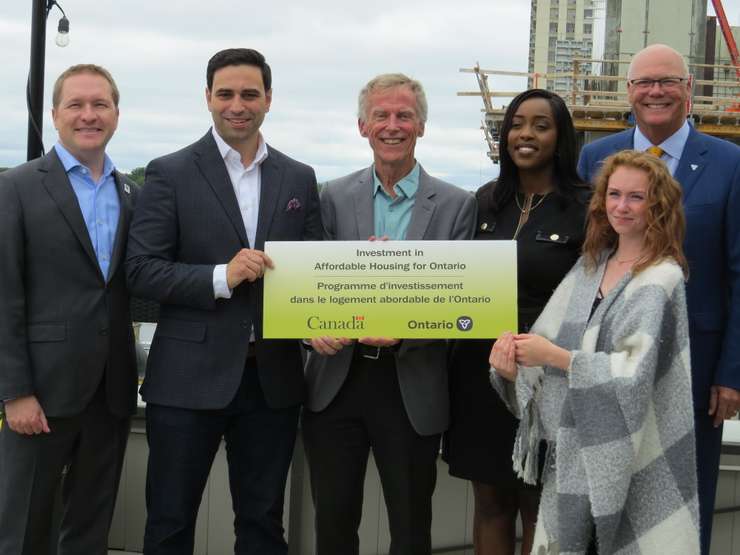 Housing announcement for Youth Opportunities Unlimited L to R: London Mayor Josh Morgan, London North Centre MP Peter Fragiskatos, CEO Youth Opportunities Unlimited Steve Cordes, London West MP Arielle Kayabaga, Elgin-Middlesex-London MPP Rob Flack, YOU Peer Mentor Chloe (Photo by Tamara Thornton, Blackburn Media)