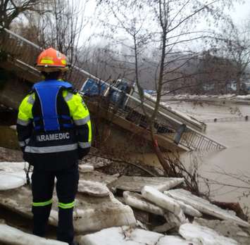 The Imperial Rd. Bridge collapsed in Port Bruce, February 23, 2018. Photo courtesy of Elgin OPP.
