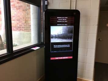 The new touch-screen interface at the box office in the Blyth Memorial Hall, with info on the history and current facilities. (Photo by Ryan Drury)
