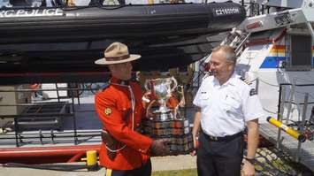 The Memorial Cup is loaded on the Canadian Coast Guard Ship Constable Carriere to travel to the Memorial Cup host city of Windsor.  May 18, 2017 (Photo by Melanie Irwin)