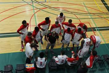 The Fanshawe Falcons' huddle before the game. October 4, 2016. (Photo by Natalia Vega)