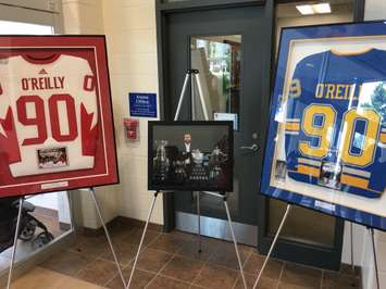 A display of Ryan O'Reilly jerseys and photos at the entrance to Goderich's Maitland Rec Centre. (Photo by Ryan Drury)