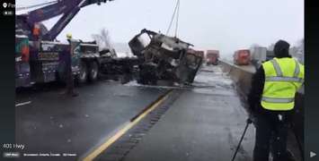 Screenshots from OPP_WR Periscope video. Fiery tractor trailer collision on Hwy. 401 near Woodstock. February 10, 2016.