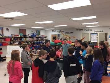 Sarnia's Inn of the Good Shepherd Executive Director Myles Vanni speaks to Errol Rd. Public School students about the importance of their food drive donations. October 11 / 2017 (Photo by Melanie Irwin)