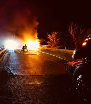 Petrolia Fire respond to a fiery single vehicle crash Marthaville Road. 26 November 2020. (Photo by Petrolia Fire)