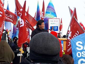 Unifor national president Jerry Dias speaks at a solidarity rally at Dieppe Gardens in Windsor, January 11, 2019. Photo by Mark Brown/Blackburn News.