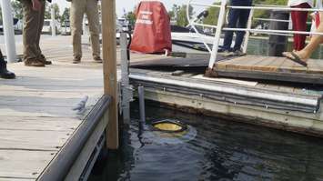 A Seabin located in the water next to Sarnia Bay Marina. 16 September 2020. (BlackburnNews.com photo by Colin Gowdy)