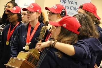 Windsor Lancers women's basketball team arrives at Windsor airport after winning their fifth-straight national championship. (Photo by Jason Viau)