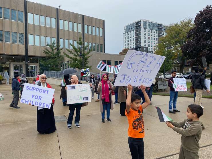 Members of Sarnia-Lambton's Palestinian community gather outside Sarnia city hall calling for peace in the Middle East. October 13, 2023 Blackburn Media photo by Melanie Irwin