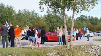 Protesters at Stephen Harper campaign rally at LamSar Sept. 20, 2015 (BlackburnNews.com photo by Dave Dentinger)