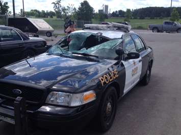 Teviotdale Tornado Damaged OPP Cruiser in Detachment parking lot (Photo by Steve Sabourin)