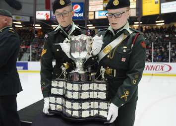 The Memorial Cup makes an appearance prior to puck drop between the Sting and Knights.  February 3, 2018. (photo courtesy of Metcalfe Photography)