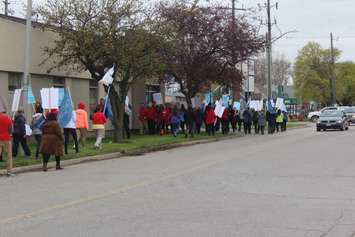 Dozens gather in Chatham on Tuesday, April 30, 2019 to rally against provincial funding cuts to education. (Photo by Allanah Wills) 