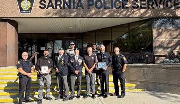 Defibrillator donated to the Sarnia Police Service. September 2025. (Photo courtesy of the SPS)