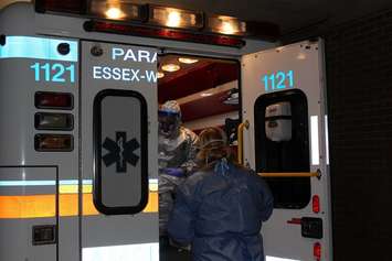 EMS and WRH staff conduct drill of a mock Ebola patient scenario. (Photo by Maureen Revait)