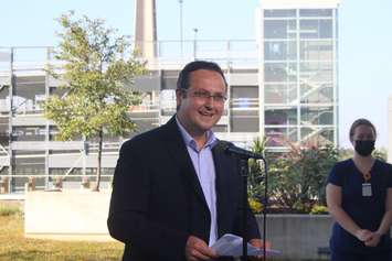 Windsor-Tecumseh candidate Irek Kusmierczyk speaks at Liberal leader Justin Trudeau's campaign stop in Windsor, September 17, 2021. (Photo by Maureen Revait)