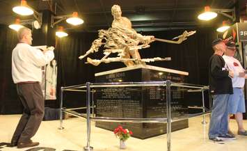 Gordie Howe statue inside Joe Louis Arena during the funeral visitation, June 14, 2016. (Photo by Maureen Revait) 