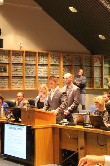 Jamie Beatty and Jordan Bray speaking at Monday night's council  meeting about the Bothwell Area Sports Centre. October 3, 2016. (Photo by Natalia Vega)