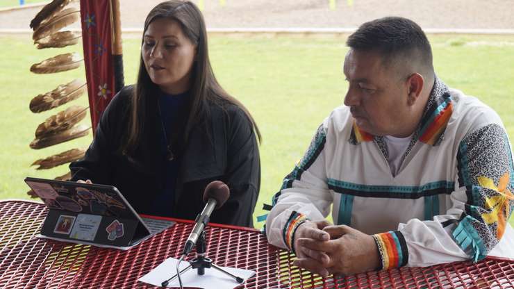 Janelle Nahmabin (L) and Aamjiwnaang Chief Chris Plain (R) - May 3/24 (Blackburn Media Photo by Melanie Irwin)