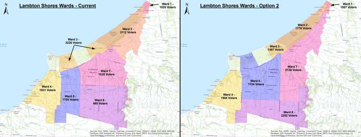 Current ward boundary for Lambton Shores and proposed option recommended by staff at January 14, 2025 meeting. (Image included in council report)