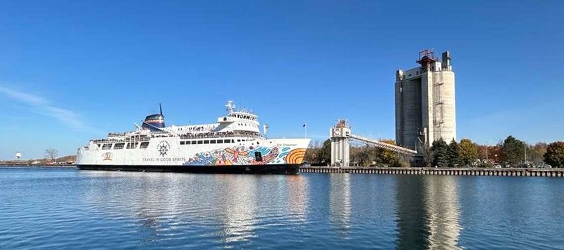 The Chi-Cheemaun sailing into the Owen Sound harbour for her winter berth on October 21, 2024.  Courtesy of Owen Sound Transportation Company.