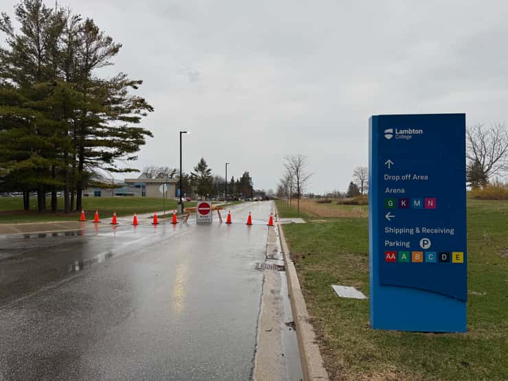 A road through the east side of the Lambton College campus is taped off as Sarnia police investigate a homicide. April 10, 2026. Blackburn Media photo by Melanie Irwin.