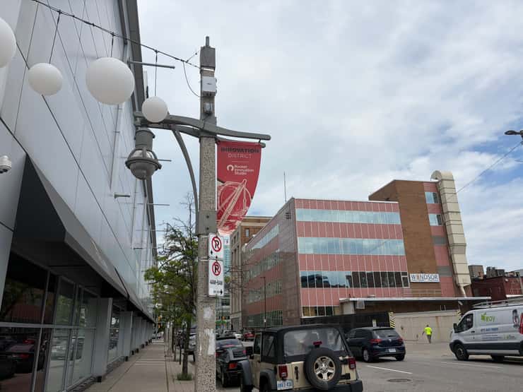 Downtown Windsor's Innovation District banner, June 24, 2026. (Photo by Maureen Revait) 