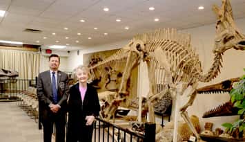 Allison Richards, owner and founder of Stones ‘N Bones Museum, and Warden Marriott at the current Stones 'N Bones Museum. Photo courtesy of the County of Lambton.