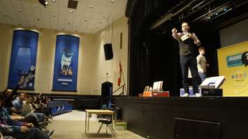Jason Agnew choosing students for a game during the Game Brain presentation at Great Lakes Secondary. November 21, 2018. (Photo by Colin Gowdy, BlackburnNews)