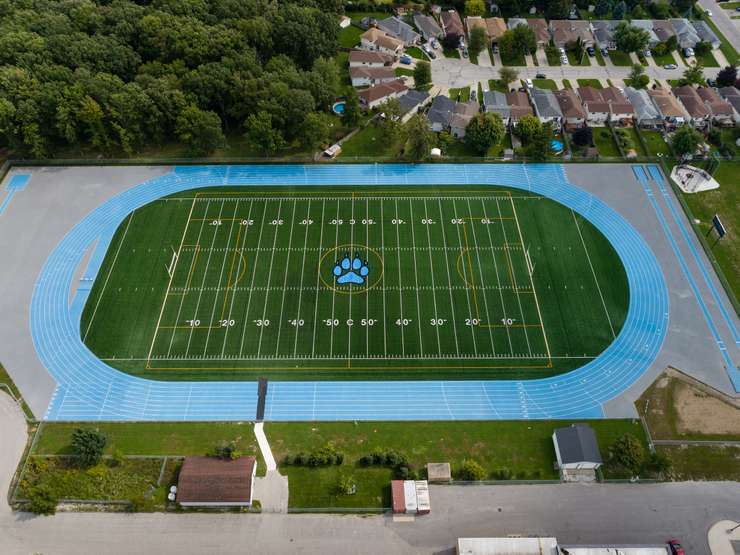 Aerial photo of the renovated Outdoor Sports Complex at Great Lakes Secondary School. Image courtesy of LKDSB.